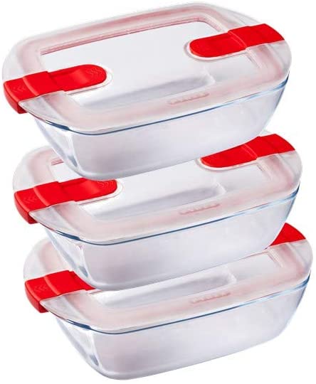 Pyrex Cook and Heat Cook & Heat Set of 3 Rectangular Glass Food Containers 1.1 L with Airtight Lid for Microwaves