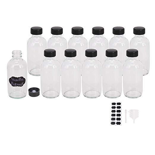 BPFY 12 Pack 4 oz Clear Glass Boston Bottle with Black Poly Cap, Funnel, Chalk Labels, Pen Dispensing Bottles for Homemade Vanilla Extract, Essential Oils, Herbal Medicine, Wedding Christmas Decor