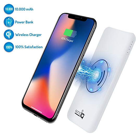 Qi Fast Wireless Charger iPhone X – 10000 mAh Portable Power Bank as 2 in 1 External Battery and Charging Pad for Galaxy Note, Iphone 6, 7, 8 Plus or Samsung S7, S8, S9 Smartphones Mobiles (Black)