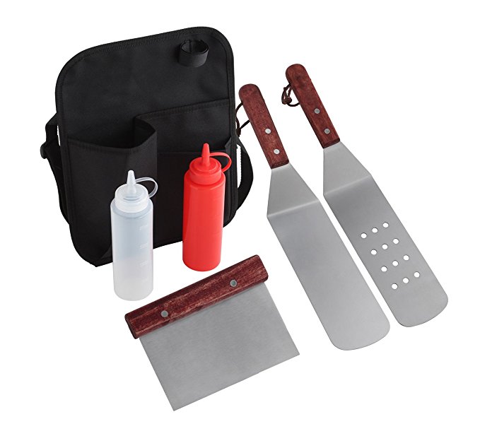 Grilljoy 6 Piece Professional Grade Stainless Steel Grill Griddle BBQ Tool Kit with Belt Bag - Perfect for Flat Top Cooking, Camping and Tailgatin