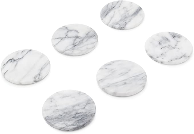 Fox Run Natural White Polished Marble Stone Coasters, Set of 6