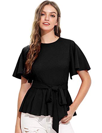 Romwe Women's Slim Ruffle Short Sleeve Raw Hem Elegant Peplum Blouse Top with Belt