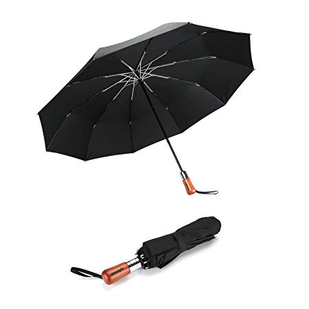 Baturu Windproof Folding Travel Umbrella, Rain Umbrella for Men, Women and Family, Automatic Open&Close, Wood handle (black)