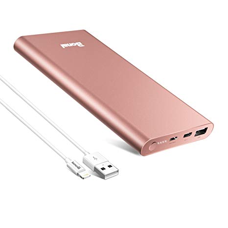 Portable Charger, Bonai 13800mAh Thinnest Aluminum Power Bank (Lightning Input & USB C High-Speed 3.0A Input/Output) for iPhone iPad Samsung Android and More - Pink (Lightning Cable included)