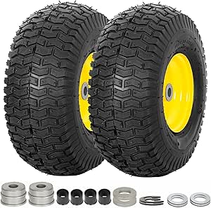 WEIZE 15x6.00-6 Front Tires and Wheel Assembly for John Deere Riding Mowers, Compatible with John Deere 100 and 300 Series, 3" Offset Hub, 3/4" or 5/8" or 1/2" Bushings, 400lbs Capacity, Set of 2