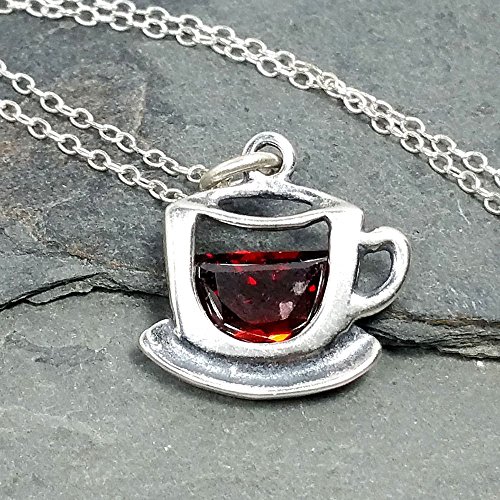 Coffee Cup Necklace - 925 Sterling Silver Red CZ