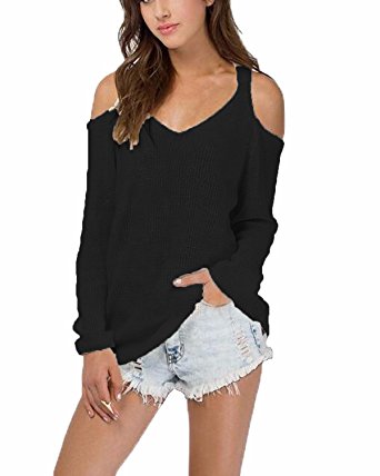 ZANZEA Women's Cold Shoulder Sweater Long Sleeve Solid Pullover Knit Tops Jumper