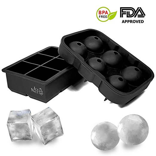 IceNice Silicone Ice Cube Trays Combo (Set of 2), 6 Giant Ice Cubes 2" and 6 Ice Balls 1.75", Ice Cube Molds and Large Ice Cubes