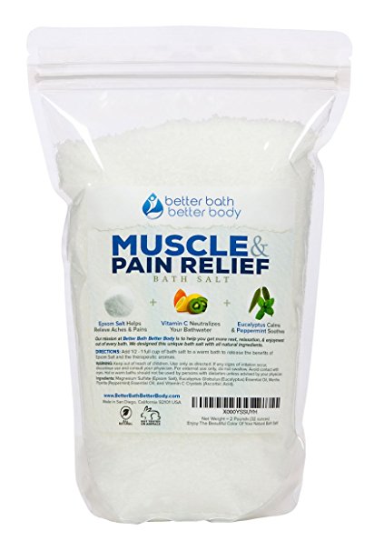 Muscle & Pain Relief Bath Salt 2 Pounds (32 Ounces) - Epsom Salt Bath Soak With Eucalyptus & Peppermint Essential Oil & Vitamin C - Natural No Perfume & Dyes - Relieve Aches & Joint Pains