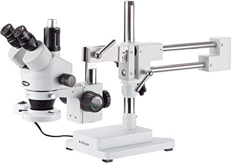 AmScope SM-4TY-FRL Professional Trinocular Stereo Zoom Microscope, WH10x Eyepieces, 7X-90X Magnification, 0.7X-4.5X Zoom Objective, 8W Fluorescent Ring Light, Double-Arm Boom Stand, 110V-240V, Includes 2.0X Barlow Lens