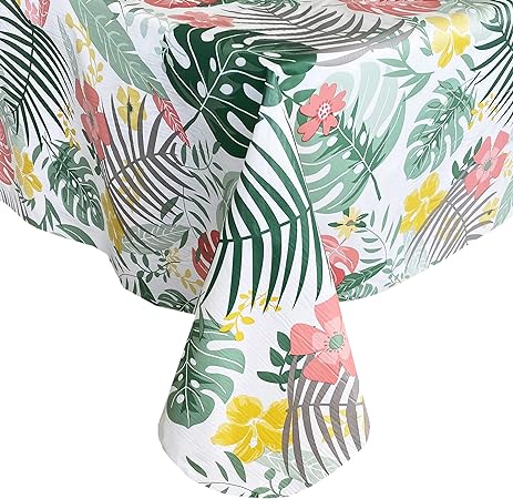 Newbridge Palm Springs Tropical Floral Print Flannel Back Vinyl Tablecloth, Shabby Chic Swaying Palm Design Vinyl Indoor/Outdoor Waterproof, Patio, BBQ Tablecloth, 60 Inch x 102 Inch Oblong/Rectangle