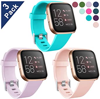 Maledan Compatible with Fitbit Versa 2/Versa 1/Versa SE/Versa Lite Bands for Women Men, 3 Packs Soft Silicone Sport Replacement Band for Fitbit Versa Smart Watch, Small Teal/Lavender/Pink