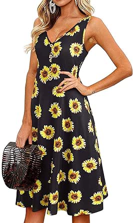 II ININ Women Summer Midi Dress Trendy 2024 Casual V Neck Sleeveless Tank Button Floral Beach Sundress with Pockets