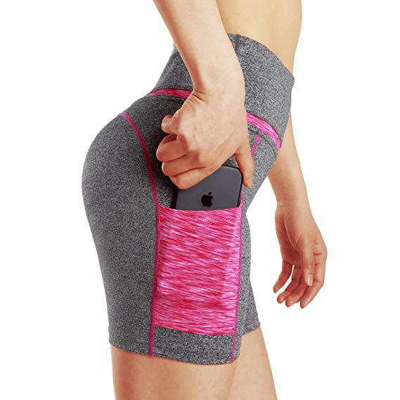 Tesuwel Women's Yoga Shorts with Pockets Stretch Tummy Control Workout Athletic Running Bike Shorts