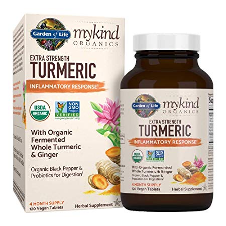 Garden of Life mykind Organics Extra Strength Turmeric Inflammatory Response 120 Tablets-100mg Curcumin (95% Curcuminoids) Black Pepper, Probiotics, Organic Non-GMO Vegan Gluten Free Herbal Supplemen