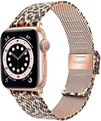 TRUMiRR Band for Apple Watch 41mm 40mm 38mm Women, Mesh Woven Stainless Steel Watchband Rose Gold Leopard Strap for iWatch Apple Watch SE Series 7 6 5 4 3 2 1 41mm 40mm 38mm