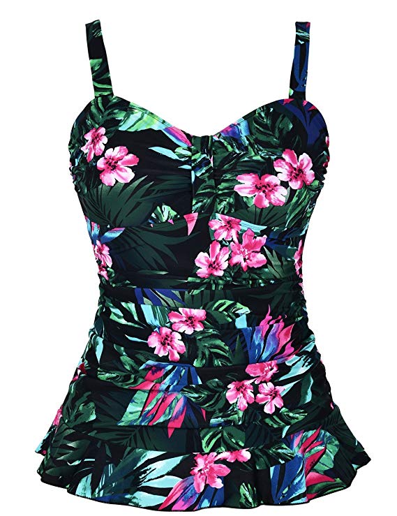 Hilor Women's 50's Retro Ruched Tankini Swimsuit Top with Ruffle Hem