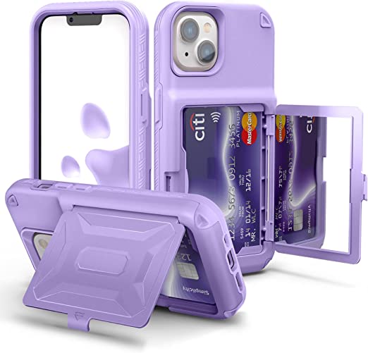 iPhone 14 Case for Women, Men- WeLoveCase Defender Credit Card Holder Cover with Hidden Mirror, Three Layer Shockproof Heavy Duty Protection Case for iPhone 14 6.1'' Light Purple