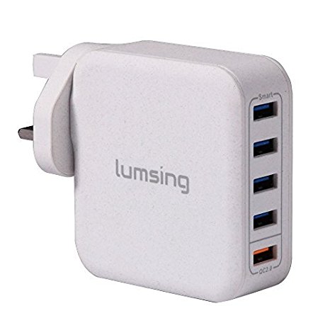 Lumsing 5-Port USB Multi Charger 40W Family-Size Multi-Port Wall Charger Mains Plug with Smart Tech for iPhone, iPad, Samsung Galaxy, Mobile Phones, Tablet and Power Bank, Offwhite