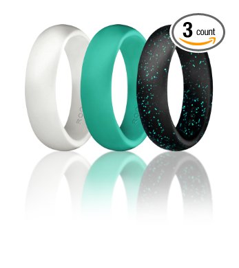 Silicone Wedding Ring For Women By ROQ, Affordable High Quality Silicone Rubber Wedding Bands, 3 Pack - Black with Glitter Teal, Teal Turquoise, White