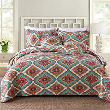 NEWLAKE Cotton Bedspread Quilt Sets-Reversible Patchwork Coverlet Set, Continuous Floral Pattern, Queen Size