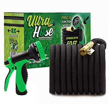 Ultra Hose Expandable 50 ft - Garden Hose by This Home That Office - Lightweight No-Kink Heavy Duty, 10 function Sprayer, Durable Brass Fittings Shut Off Valve, Storage Bag 2 Rubber Gaskets Wall Mount