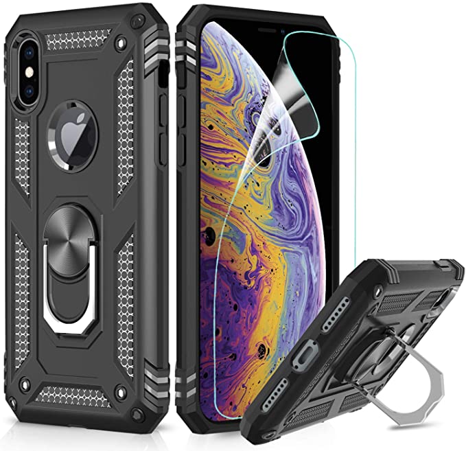 LeYi iPhone XS/iPhone X Case with Ring Holder Kickstand, Full Body Protective Silicone TPU Gel Personalised Shockproof Tough Armour Phone Cover with Screen Protector for Apple iPhone XS/iPhone X Black