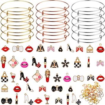 121 Pieces DIY Gold Plated Charms Set Enamel Rhinestone Women Makeup Charms Expandable Bangle Adjustable Wire Bracelet Purse High Heel Lipstick Shape Charm Open Jump Ring for DIY Craft Jewelry Making
