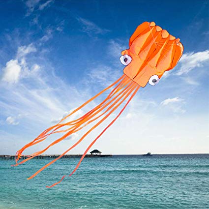 Darget Octopus Kite for Adults and Kids - 3D Kite Orange Orange Tail 5.5M Handle & String Included