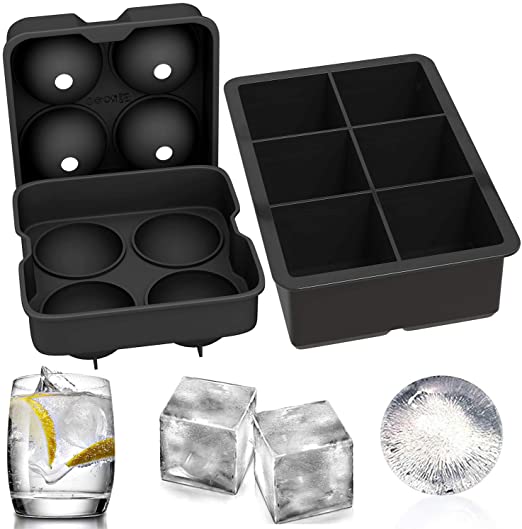 Ouddy 2 Pcs Ice Cube Trays Silicone, Sphere Whiskey Ice Ball Maker with Lids and Large Square Ice Cube Molds for Whiskey, Cocktails and Bourbon