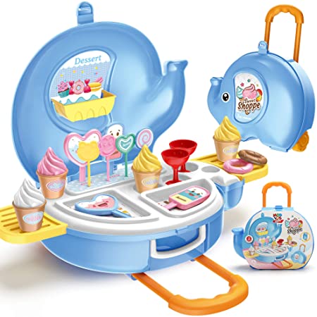 MOBIUS Toys Ice Cream Play Set for Kids - 27pcs Ice Cream Parlor Pretend Play Food Set for Toddlers, Boys & Girls Age 2 3 4 5  , Ice-Cream Food Trolley Toy and Icecream Cart, Birthday Gifts