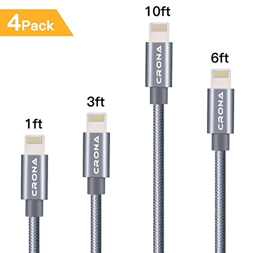 iPhone Charger, CRONA 4 Pack 10ft/6ft/3ft/1ft Nylon Braided 8 pin Lightning Cables USB Charging & Syncing Charger Cord for iPhone 8/8 Plus/ 7/7 Plus/6s/6s Plus/6/6 Plus/5/5S/5C/SE/iPad and iPod (Gray)