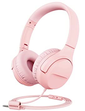 iClever Kids Headphones for Girls, Wired Headphones with Mic, Over-Ear Headphones for Kids with Share Port, Foldable Stereo Sound Tangle-Free 3.5mm Jack Wired Cord Headset for Smartphones/School/Kindle/iPad/Fire Tablet, Pink