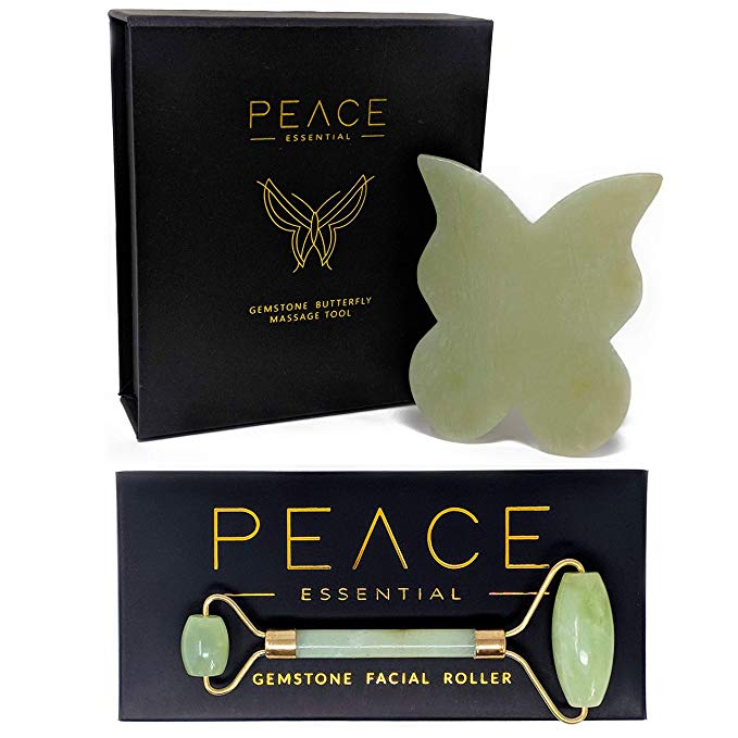 Jade Roller and Gua Sha Set | 100% Natural Jade Face Roller + Gua Sha Butterfly Scraping Stone with 3 Unique Sides for Facial + Body Massage | Perfect Gift Set