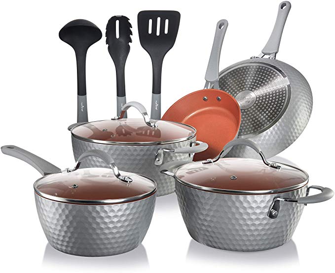 NutriChef NCCW11GD Nonstick Cookware Excilon |Home Kitchen Ware Pots & Pan Set with Saucepan Frying Pans, Cooking Pots, Lids, Utensil PTFE/PFOA/PFOS free, 11 Pcs, Gray