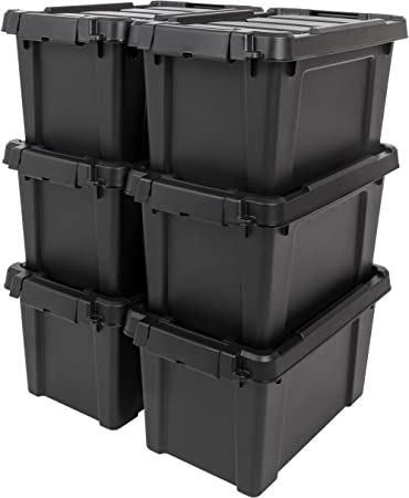 IRIS USA 5 Gallon Heavy-Duty Stackable Storage Totes, Plastic Container Bins with Durable Lids and Secure Latching Buckles for Gardening and Utility Supplies, Garage Tool Storage, Black, 6-Pack