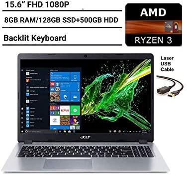 2020 Newest Acer Aspire 5 15.6" FHD 1080P Laptop Computer| AMD Ryzen 3 3200U up to 3.5 GHz(Beat i5-7200u)| 8GB RAM| 128GB SSD 500GB HDD| Backlit KB| WiFi| Bluetooth| HDMI| Windows 10| Laser USB Cable