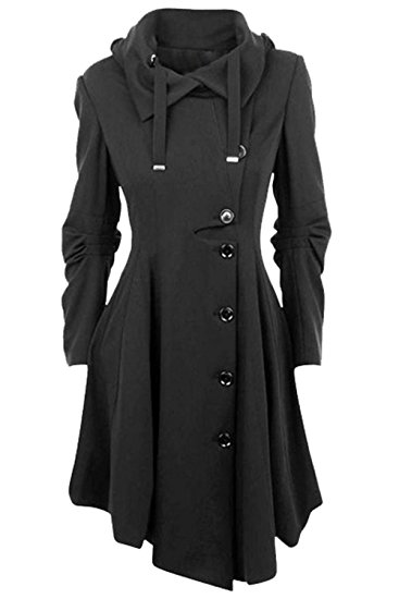 Allonly Women's Button Closure Asymmetrical Hem Long Trench Black Cloak Coat