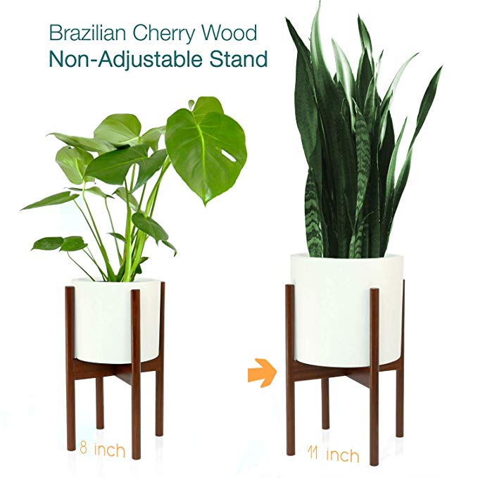 Fox & Fern Mid-Century Modern Plant Stand - Cherry - EXCLUDING 11" White Ceramic Planter Pot