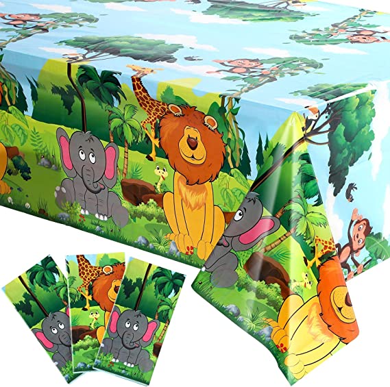 3 Pieces Jungle Animal Party Tablecloth Safari Animals Table Cover Plastic Zoo Jungle Safari Tablecloth for Kids Jungle Safari Theme Birthday Party Baby Shower Decorations and Supplies, 54 X 108 Inch