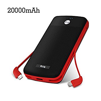 Portable Chargers 20000mah TONV Perfect 2.0 Built-in USB Type C Micro USB Cable External Battery Pack for iPhone, Samsung,Huawei, HTC,LG (BLACK)