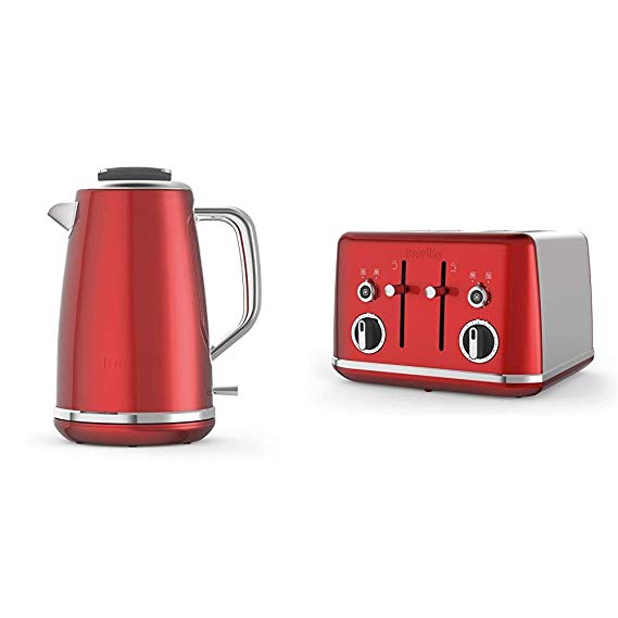 Breville Lustra Electric Jug Kettle, 1.7 Litre with 4 Slice Toaster, Stainless Steel, Candy Red