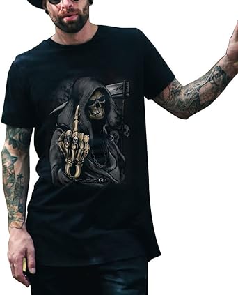 Stars and Stripes Grim Funny Reaper Middle Finger Death Biker Skull Skeleton Gothic Horror Hip-hop Unisex Adults T-Shirt
