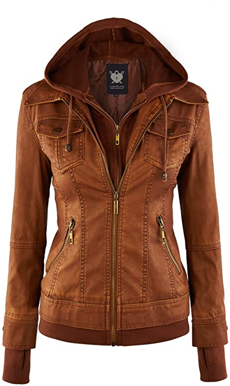 Lock and Love Women's Removable Hooded Faux Leather Moto Biker Jacket (XS~2XL)