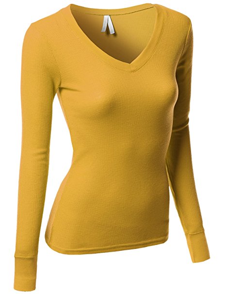 Awesome21 Women's Basic V-neck Long Sleeves Thermal Tops