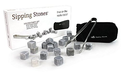 Sipping Stones Whisky Rocks - Set of 18 Pure Soapstone Whiskey Chilling Stones in Gift Box with Pouch and Tongs