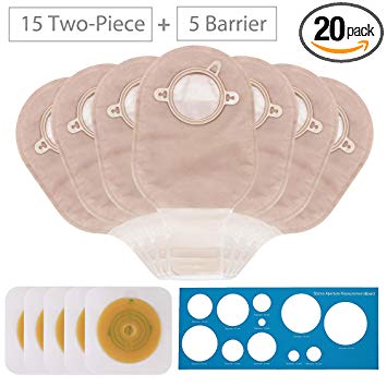 20 PCS Ostomy Supplies 15 PCS Two-Piece Colostomy Bag with Hook Closure and 5PCS Two-Piece Skin Barrier with Hydrocolloid & Non-Woven Border Included for Ileostomy Stoma Care,Cut-to-Fit