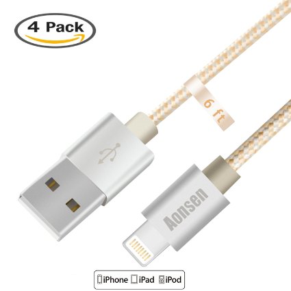 Aonsen Lightning Cable,4Pack 6FT Nylon Braided 8 Pin iPhone Cord,Charge and Sync for iPhone 6/6 Plus/6s/6s Plus/5/5c/5s,iPad 4 Mini Air(Gold)
