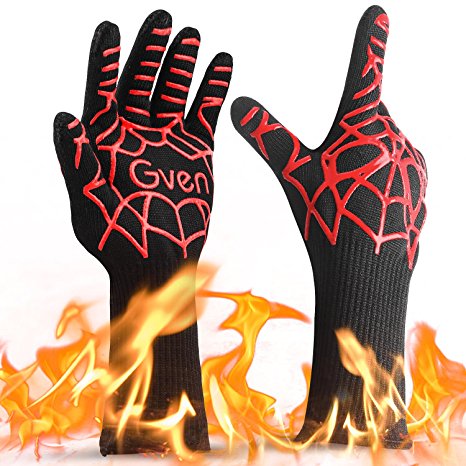 Gven BBQ Gloves, Extreme Heat Resistant Cooking Kitchen Mitts Non-Slip Grilling Gloves BBQ Fireplace Accessories with Cool Spider Design