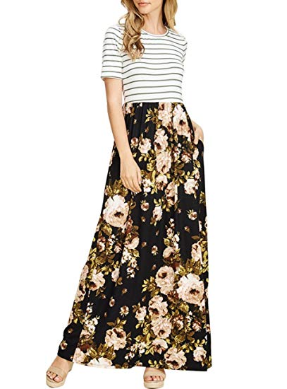 MEROKEETY Women's Striped Short Sleeve Floral Print Summer High Waist Pockets Maxi Dress